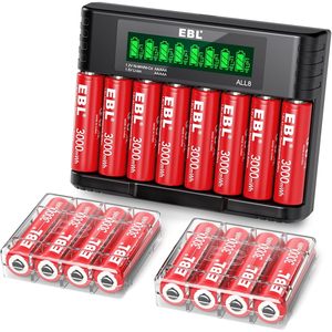 EBL Paquete de 16 Baterías Recargables de Iones de Litio AA de 3000mWh, Cargador Individual de 8 Bahías para Baterías Cilíndricas AA/AAA - Product Image 1