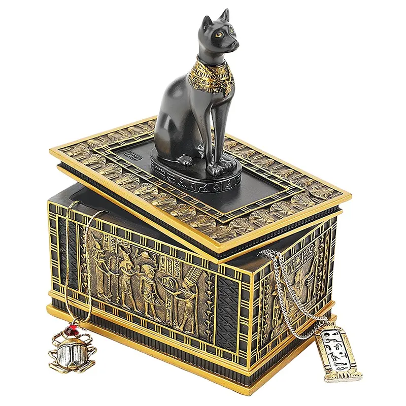 High Quality Egyptian Decor Trinket Box Royal Bastet Statue Egyptian Jewelry Box Cat Statue Luxury Desk Decor Boxes