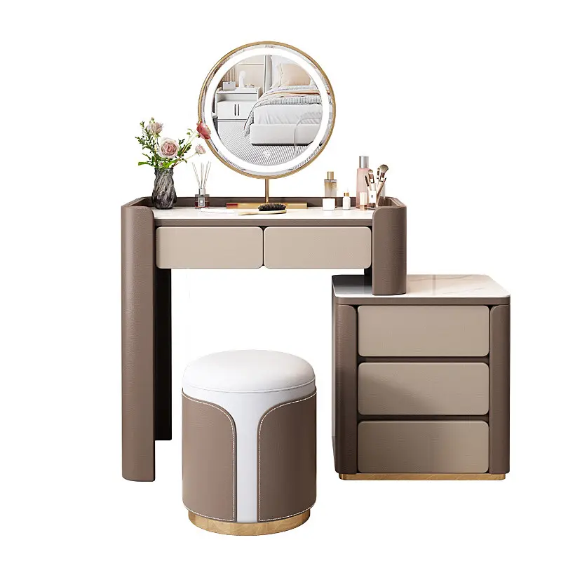 ライトミラーと椅子を備えた北欧の高級化粧洗面化粧台モダンな無垢材のドレッサー家具シンプルな寝室のドレッシングテーブル