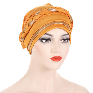 Q30334, turbante africano bohemio con trenza dorada <span class=keywords><strong>de</strong></span> estilo étnico para mujer, cubierta <span class=keywords><strong>de</strong></span> retazos para la cabeza del cabello, gorro envolvente para quimio, sombrero musulmán - Product Image 1