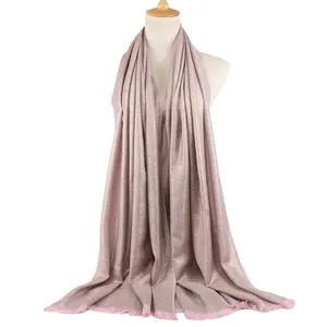 Оптовая продажа, женский шелковый шарф, хиджаб, двусторонняя филигранная монохромная шаль с бахромой, золотой мерцающий хиджаб, блестящий шарф