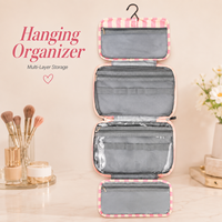 Organisateur de voyage suspendu grande capacité, pliable, multi-compartiments, rose rayé, fermeture éclair, trousse de toilette pour femmes