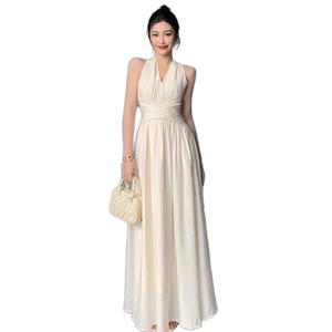 Robe longue élégante vintage à col en V sans manches, coupe trapèze en mousseline, taille élastique, pour usage quotidien, respirante, lavable, ajustement moderne, couleur unie - Product Image 1