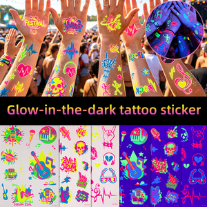 Autocollants de tatouage rétro années 90 Pop Art, cassette fluorescente vibrante, boombox, disco, <span class=keywords><strong>techno</strong></span>, couleurs vives, décalcomanies temporaires pour le corps - Product Image 1