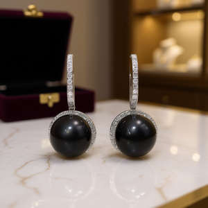 Pendientes de Perlas de Tahití, Plata 925 con Baño de Rodio, Perla Cultivada Negra Redonda AAA, Engaste en Bisel, Joyería de Lujo para Mujer, para Fiestas - Product Image 2