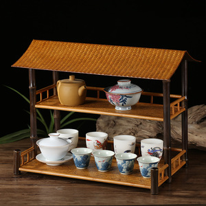 Bamboo Woven Cup Rack Rectangle Freestanding <b>Desk</b> Tea Set Organizer Storage Display <b>Shelf</b> Tableware Holder Chinese Style - Product Image 2