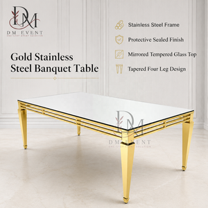 Mesa de Eventos Rectangular de Lujo con Cubierta de Espejo de Acero Inoxidable, Estructura de Triple Riel y Patas Cónicas, Venta al Por Mayor - Product Image 1