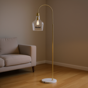 Lampadaire Arqué avec Base en Marbre, Abat-jour en Verre, Lumière LED, Design Minimaliste, Grande Taille, Commande par Interrupteur - Product Image 2