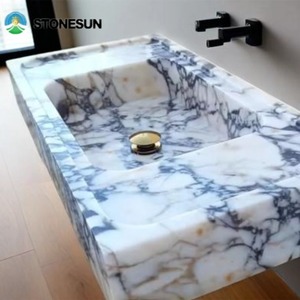 Pia de Banheiro de Luxo em Mármore Calacatta Viola com Design Moderno e Duplo Lavabo - Product Image 2