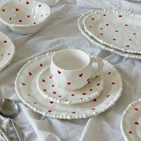 Assiette, tasse et soucoupe en céramique pressée à la main, style coréen, motif perle et amour, forme irrégulière, pour dessert, collation, compatible micro-ondes