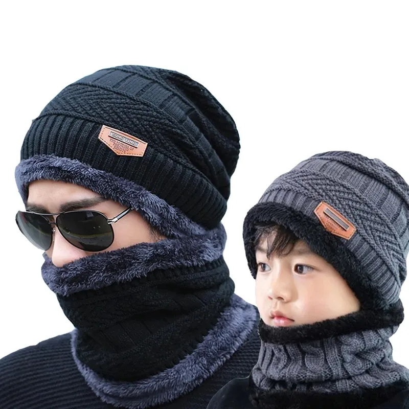 AA136 Soft Thicken Skullies Wool Knit Hat Fall Ski Neck Warm Beanie Set Kids Adult Winter Fleece Lined Knitted Hats Scarf