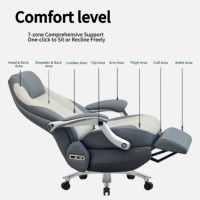 Chaise de bureau ergonomique contemporaine de direction, dossier haut, cuir patchwork bleu et blanc, pivotante à 360°, accoudoirs larges fixes, pour hôtel