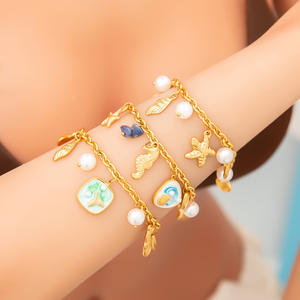 Ocean-Themed Charm <b>Bracelet</b> With Pearl <b>Shell</b> Starfish Seashell Gold Plated Women's Everyday Wear Jewelry - Product Image 1