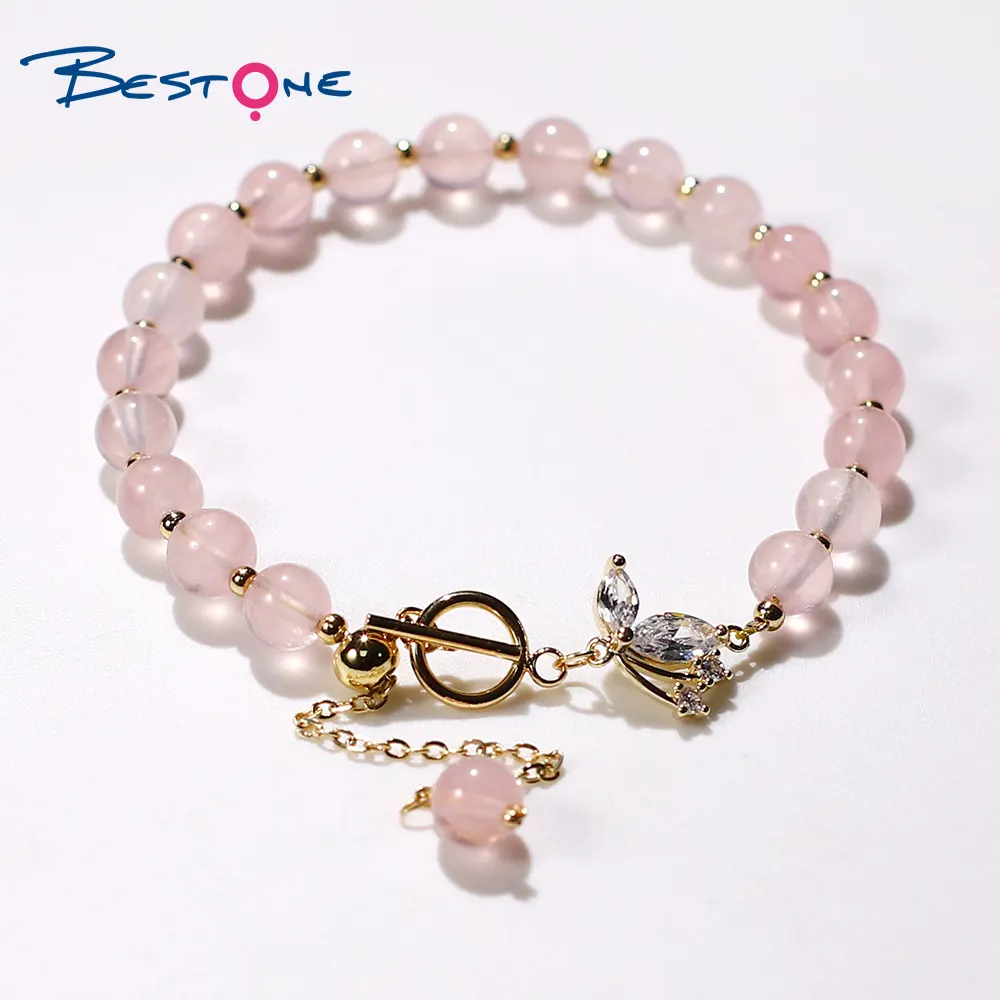 Bestone fashion Natural Stone Beads Bracelet Butterfly Charm rose Quartz Bracelet women