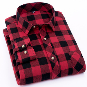 Factory Wholesale <strong>Men's</strong> Casual Red Plaid Flannel Shirt Yarn Dyed <strong>Long</strong> Sleeve Retro Checked Shirts - Product Image 1