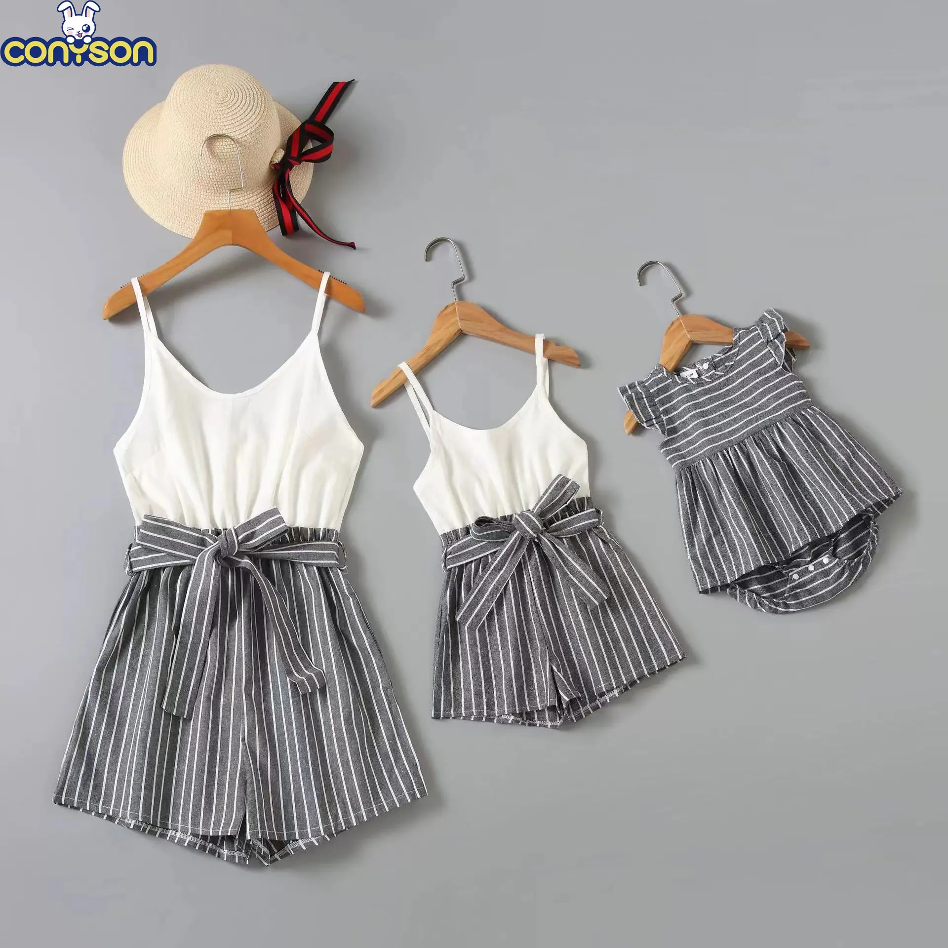 Conyson Wholesale Spring Summer Knitting Polyester Parent Child Clothing High Quality Organic Family Matching White Clothes