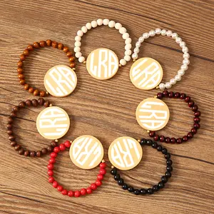 Personalized Custom Moq 100 pcs Handmade Blank Wooden Disc Bracelet Monogram Custom Logo Wooden Beads Bracelet