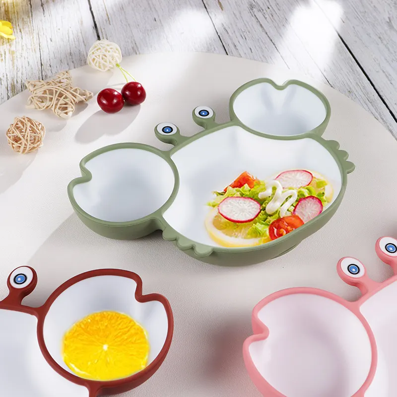 Conjunto de silicone para alimentação de bebês, tigela com colher, utensílios de mesa infantil em forma de caranguejo, material seguro de qualidade alimentar