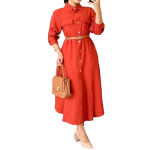 Robe chemise élégante décontractée à manches longues et col, couleur unie, pour femme - Product Image 1