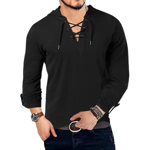 Fashion Men's Hooded Tee Long Sleeve Cotton T-Shirt Medieval Lace Up V Neck Outdoor Tee Tops casual men T-Shirt