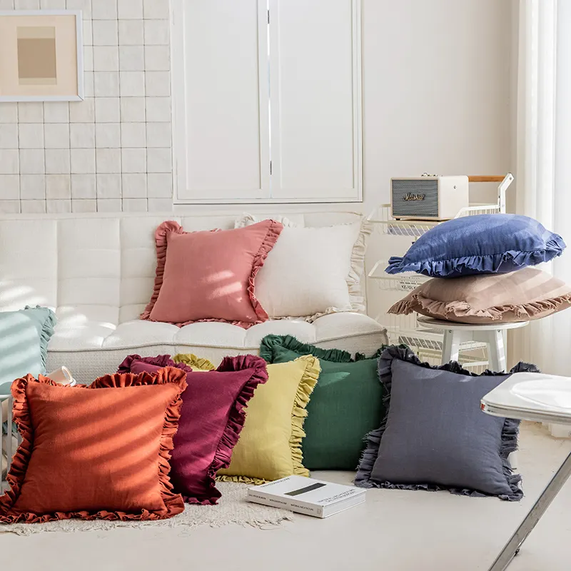 Innermor Solid Color Decorative Ruffle cushion cover home decor luxury cotton linen Throw Pillow Case 18x18