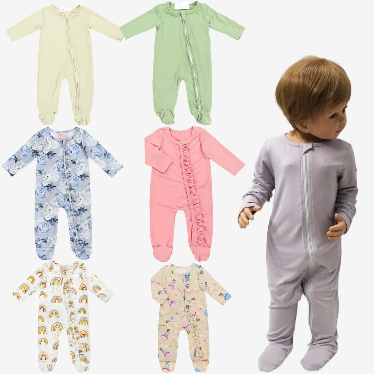 Bayi inesie lengan panjang, dengan ritsleting warna solid & pola mode musim semi dan musim gugur gaya romper bayi