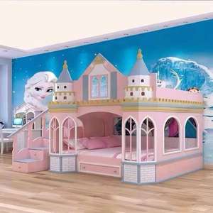 Роскошная розовая кровать-замок для девочек, двухъярусная кровать, комплект мебели для детской комнаты, на заказ, с большим шкафом-гардеробом и горкой - Product Image 4