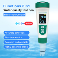 Testeur d'eau rechargeable 5 en 1 pH TDS EC Salinité Température, stylo-mètre étanche avec fonction vocale