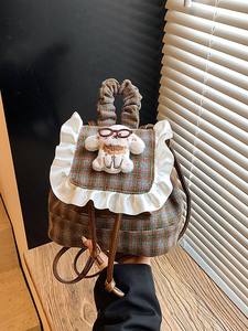 <span class=keywords><strong>Mochila</strong></span> con lazo para niña coreana a la moda, Mini bolso de encaje universitario refrescante a cuadros antiguos, logotipo de cadena impermeable de poliéster PU - Product Image 4