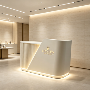 Modern Curved LED <b>Reception</b> <b>Desk</b> Custom Logo Beauty <b>Salon</b> Front Counter Cream White Ribbed Design Spa Hair <b>Salon</b> <b>Reception</b> Table - Product Image 6