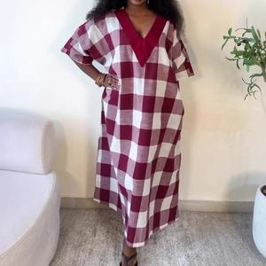 Vestidos de Moda para Mujer, Cuello en V, Estampado a Cuadros, Manga Corta, Tallas Grandes, Estilo Africano - Product Image 3