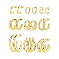 Novedad 2026: Set de 9 Pares de Aros Ligeros de Acero Inoxidable Bañados en Oro, Aros Retorcidos de Moda para Mujeres y Niñas, Ideales para Fiestas