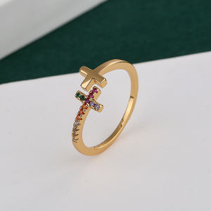 ファッションシンプルな宗教的なクロスオープンリングカラフルなジルコン男性女性クリスチャンジュエリーゴールドメッキリング - Product Image 2