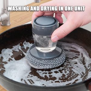 Kitchen Gadgets PET Soap Dispensing Palm <b>Scrub</b> Cleaning <b>Brush</b> Plastic Pot Scrubber Dish <b>Brush</b> With Soap Dispenser - Product Image 3