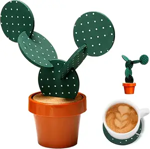 DIY Funny Set of 6 Cactus Coasters with Flowerpot Holder for Bar Home Decor