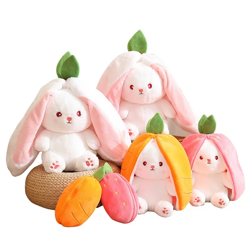 أرنب الفراولة الوردي لطيف تحول لعبة أفخم أرنب الجزر دمية أفخم الأرنب الأبيض تتحول إلى أرنب الفاكهة دمية محشوة