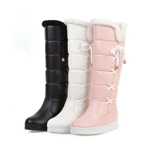 Stivali invernali da donna in pile nero bordati al ginocchio <span class=keywords><strong>con</strong></span> <span class=keywords><strong>zeppa</strong></span> in pizzo Sole stile calore europeo americano per le giornate fredde - Product Image 1