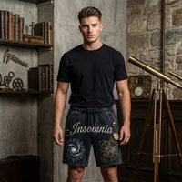 Celana Pendek Gym Pria Bahan Katun Tebal Motif Jam Galaksi Gothic Steampunk Streetwear Bernapas dengan Jahitan Rajut Vintage dan LOGO Kustom