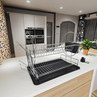 Support de rangement de cuisine à 2 niveaux avec porte-vaisselle et porte-couverts en fil de fer avec plateau d'égouttage pour une organisation efficace
