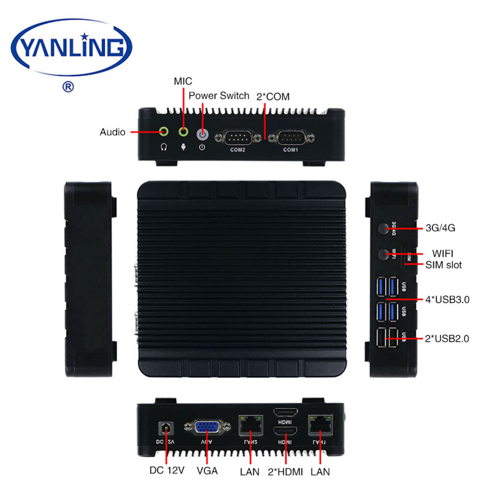Fanless client léger 2 port ethernet 256G SSD support antenne wifi mini pc avec 3g 4g module
