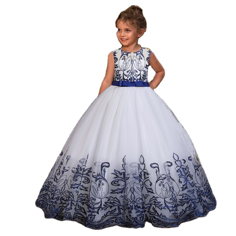 Длинное кружевное платье с вышивкой с маленьким отверстием, с белой сеткой, помпезный платье фортепианных выступлений; Платье с цветочным узором для девочек; Платья для свадебного торжества