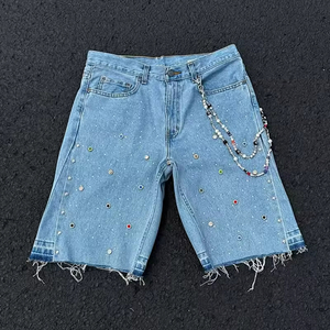 กางเกงขาสั้นผ้ายีนส์สำหรับผู้ชายกางเกงขาสั้นสตรีทแวร์หินไรน์สโตน - Product Image 2