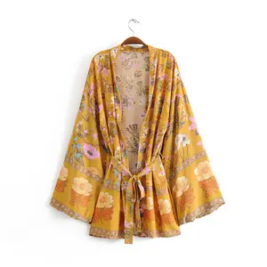 WT8370 baru 2023 gaya Eropa musim panas Kimono jaket Viscose motif bunga bergaya pakaian Kimono Bohemia wanita 5