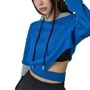 special cutting raw edge cropped sweatshirts two tone colors side slit color women hoodies