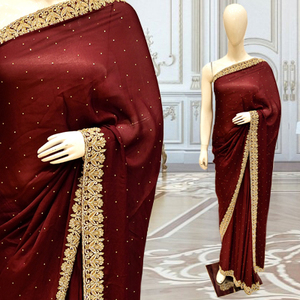 Sari en soie à imprimé traditionnel élégant avec dentelle brodée, style tendance pour les fêtes, les occasions spéciales, y compris les mariages - Product Image 1