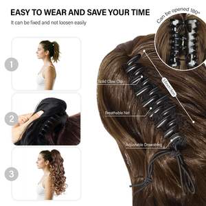 Extensiones de Cola de Caballo con Clip de 24 Pulgadas para Mujer, Fibra Sintética, Rizadas, Onduladas, en Capas, Color <span class=keywords><strong>Castaño</strong></span> <span class=keywords><strong>Dorado</strong></span> - Product Image 4