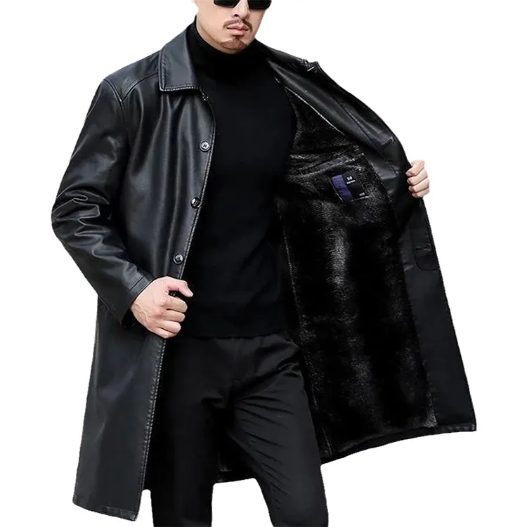 Winter Casual Thick Fleece Parkas Warm Faux Long Leather Jacket Men Leather Trench Coat