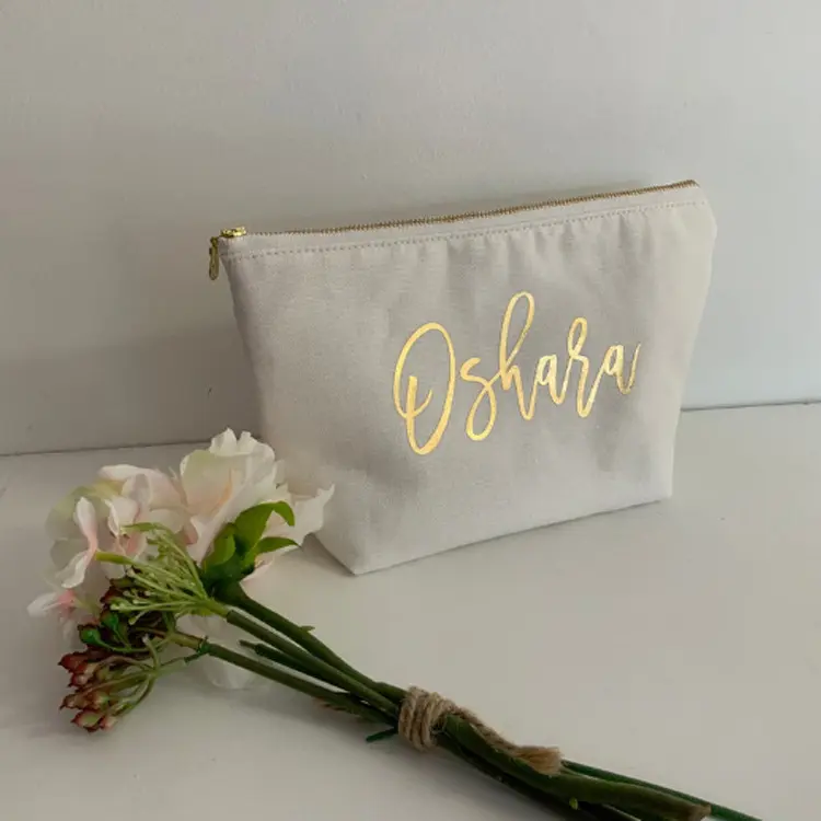 Personalizzato oro timbratura stampato tela di canapa sacchetto cosmetico sacchetto di immagazzinaggio di tela di cotone con zip in metallo
