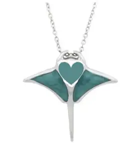 Antique Green Enamel Stingray Pendant in Rhodium Plated 925 Sterling Ocean Manta Ray Jewelry for Women