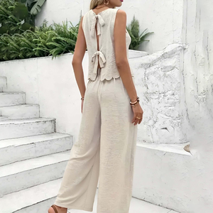 Conjunto Feminino de Verão Personalizado Estilo Old Money Simples para o Dia a Dia, em Linho, com Detalhes em Concha, Top Sem Mangas e Calças - Product Image 2